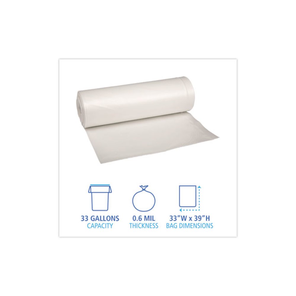 Low-Density Waste Can Liners, 33 gal, 0.6 mil, 33" x 39", White, Perforated Roll, 25 Bags/Roll, 6 Rolls/Carton. Picture 2