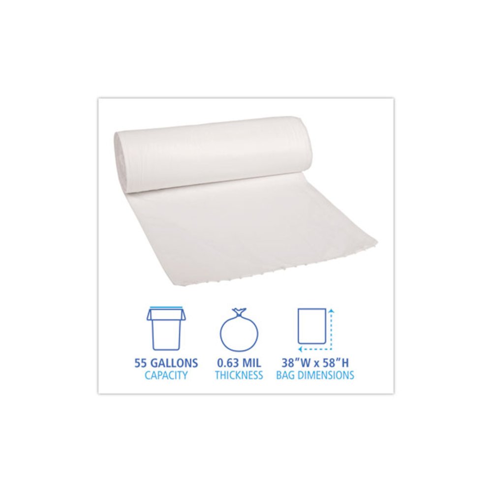 Low-Density Waste Can Liners, 60 gal, 0.5 mil, 38" x 58", White, Perforated Roll, 10 Bags/Roll, 10 Rolls/Carton. Picture 2
