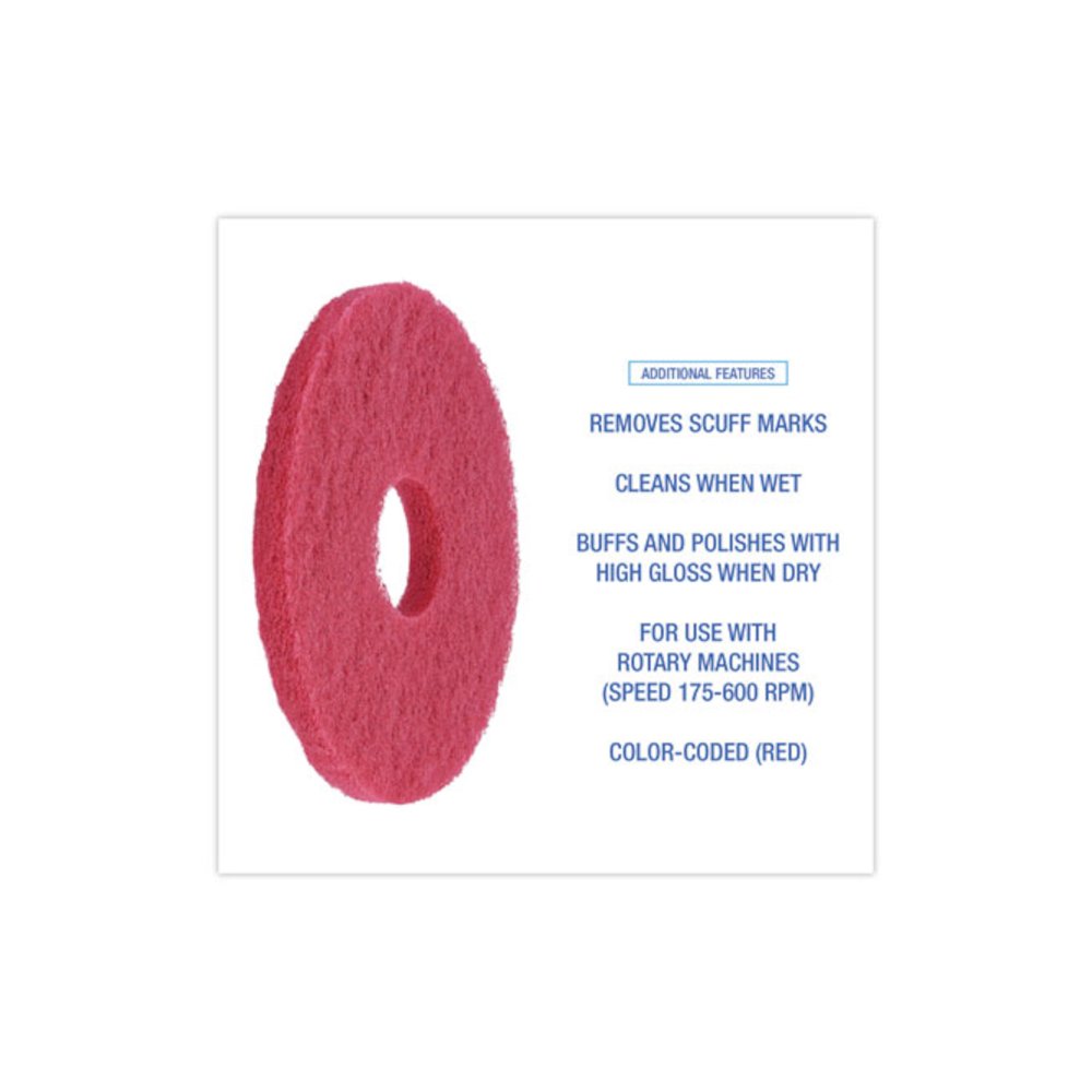 Buffing Floor Pads, 12" Diameter, Red, 5/Carton. Picture 4