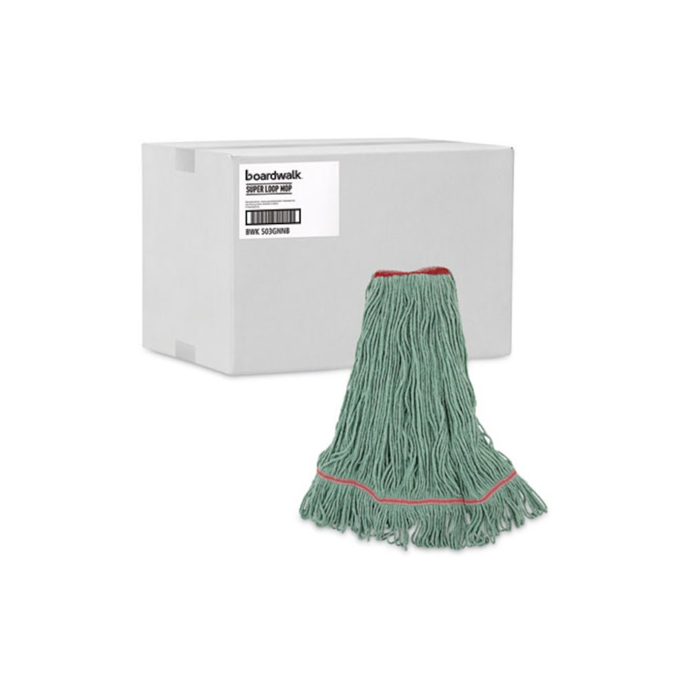 Narrowband Looped-End Mop Head, Premium Standard Head, Cotton/Rayon/Synthetic Fiber, Large, Green. Picture 9