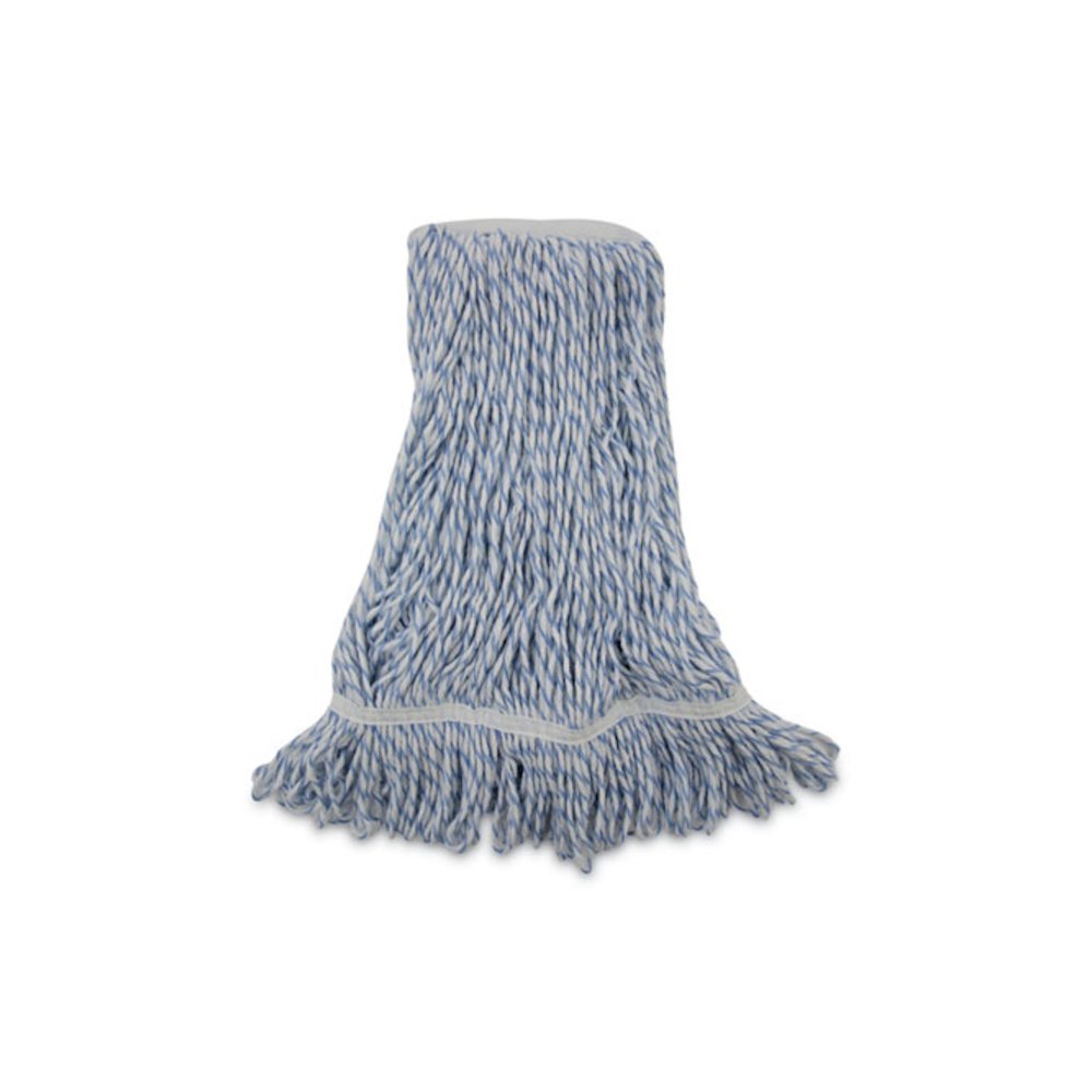 Floor Finish Mop Head, Narrow, Rayon/Polyester, Medium, White/Blue Stripes, 12/Carton. Picture 1