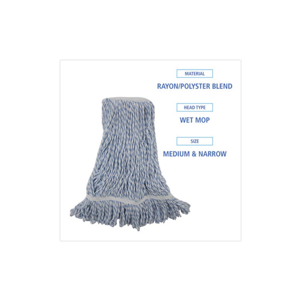 Floor Finish Mop Head, Narrow, Rayon/Polyester, Medium, White/Blue Stripes, 12/Carton. Picture 2