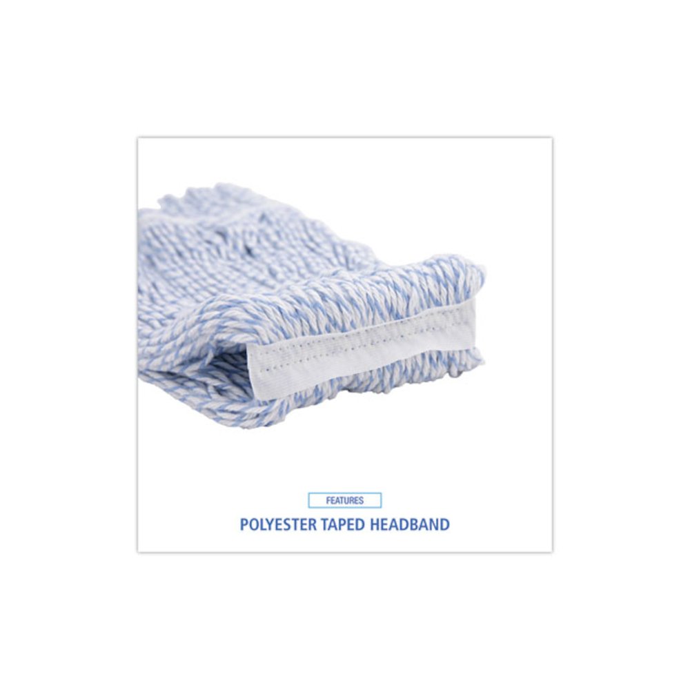Floor Finish Mop Head, Narrow, Rayon/Polyester, Medium, White/Blue Stripes, 12/Carton. Picture 6
