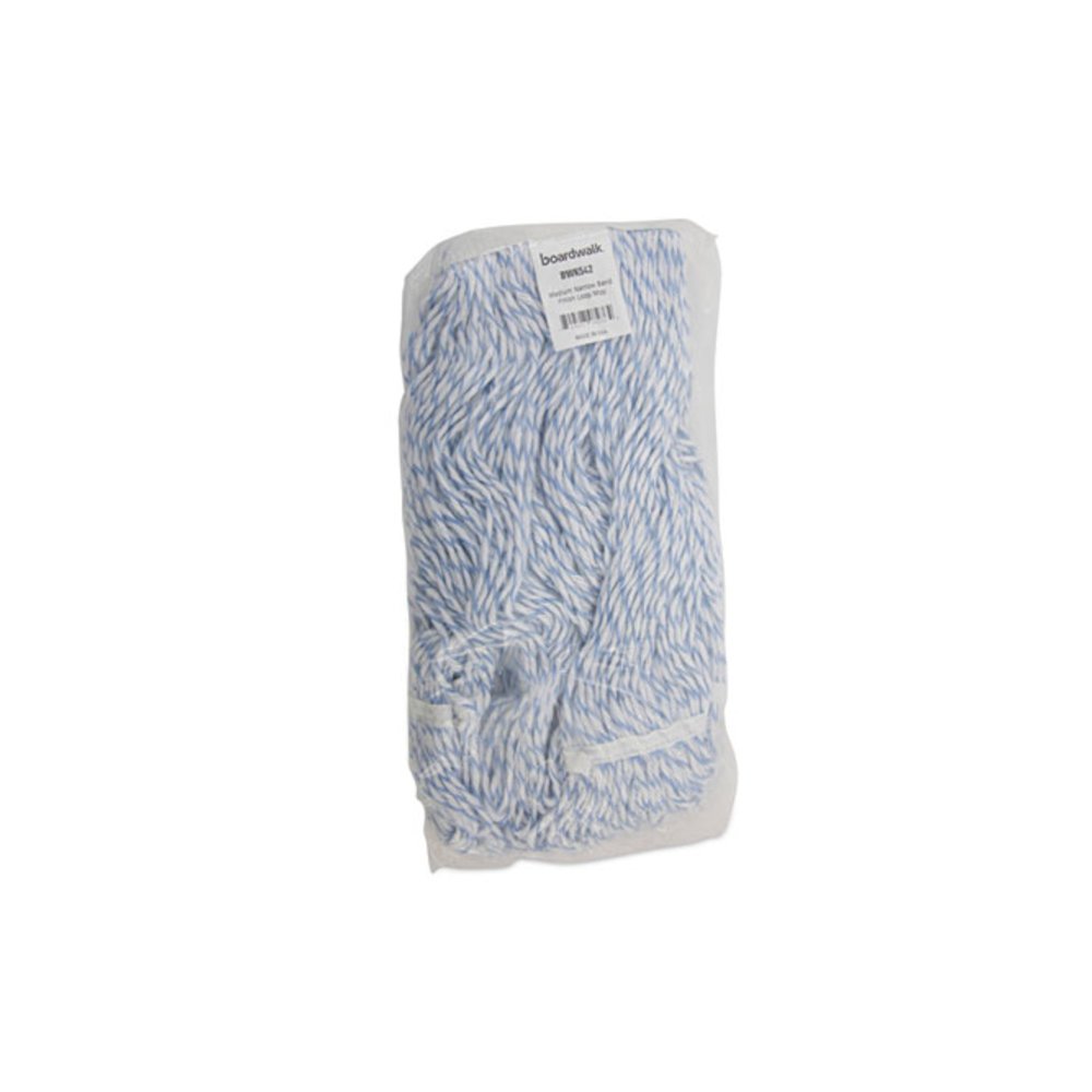 Floor Finish Mop Head, Narrow, Rayon/Polyester, Medium, White/Blue Stripes, 12/Carton. Picture 7
