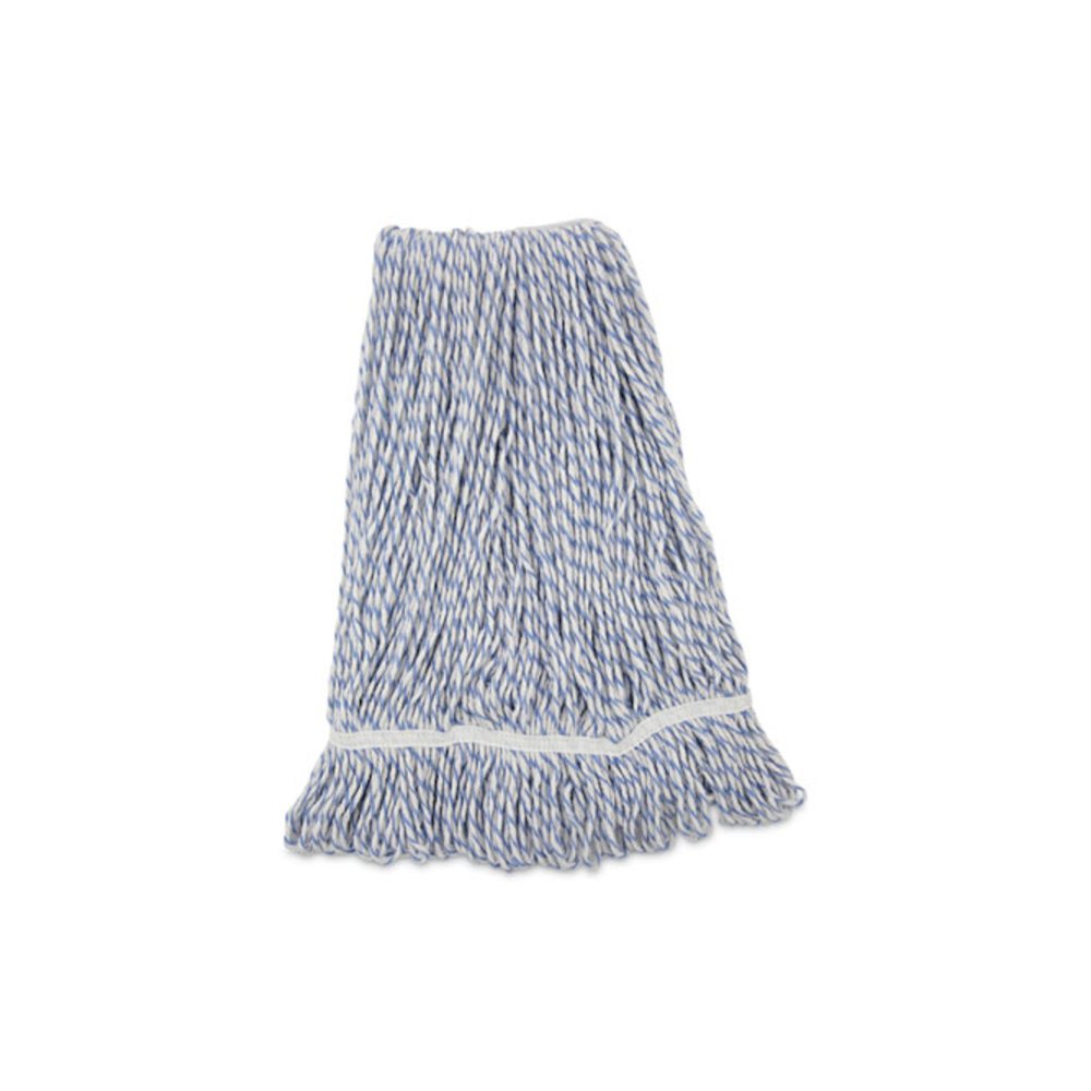 Floor Finish Mop Head, Narrow, Rayon/Polyester, Large, White/Blue Stripes, 12/Carton. Picture 1