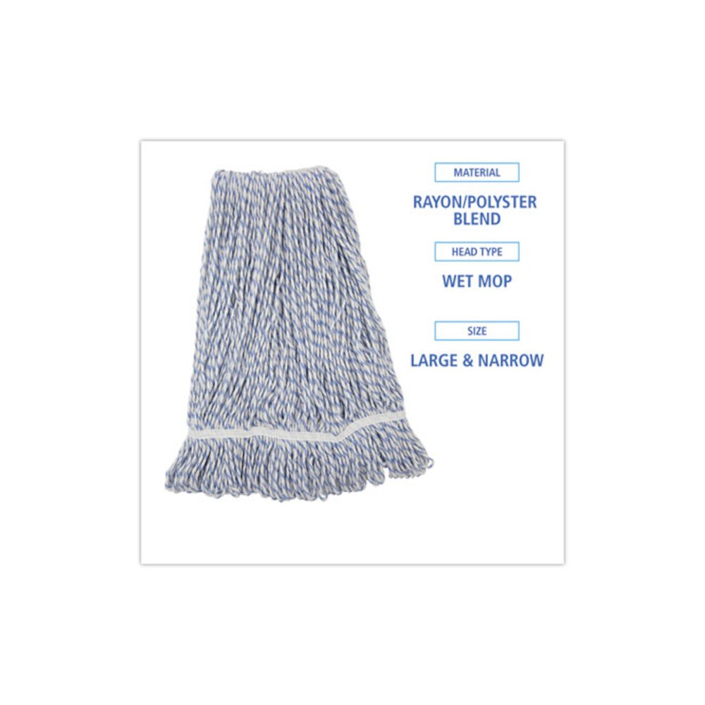Floor Finish Mop Head, Narrow, Rayon/Polyester, Large, White/Blue Stripes, 12/Carton. Picture 2