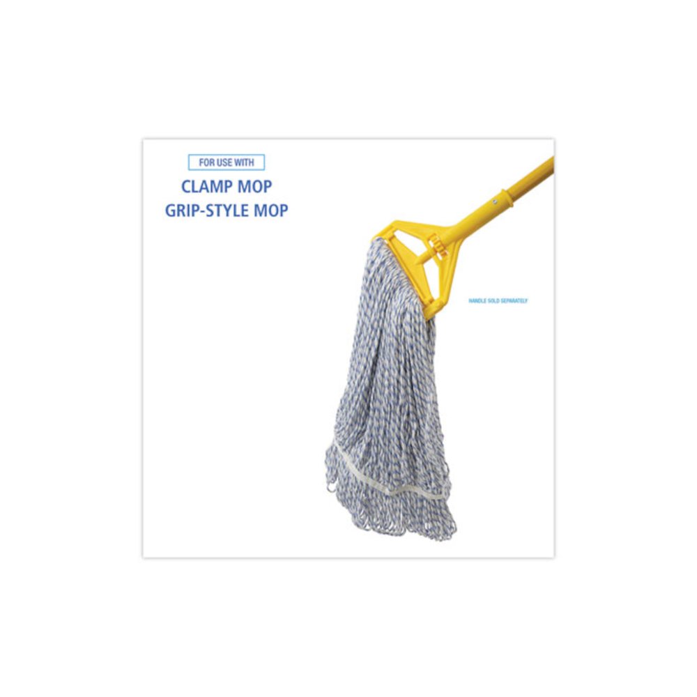 Floor Finish Mop Head, Narrow, Rayon/Polyester, Large, White/Blue Stripes, 12/Carton. Picture 3