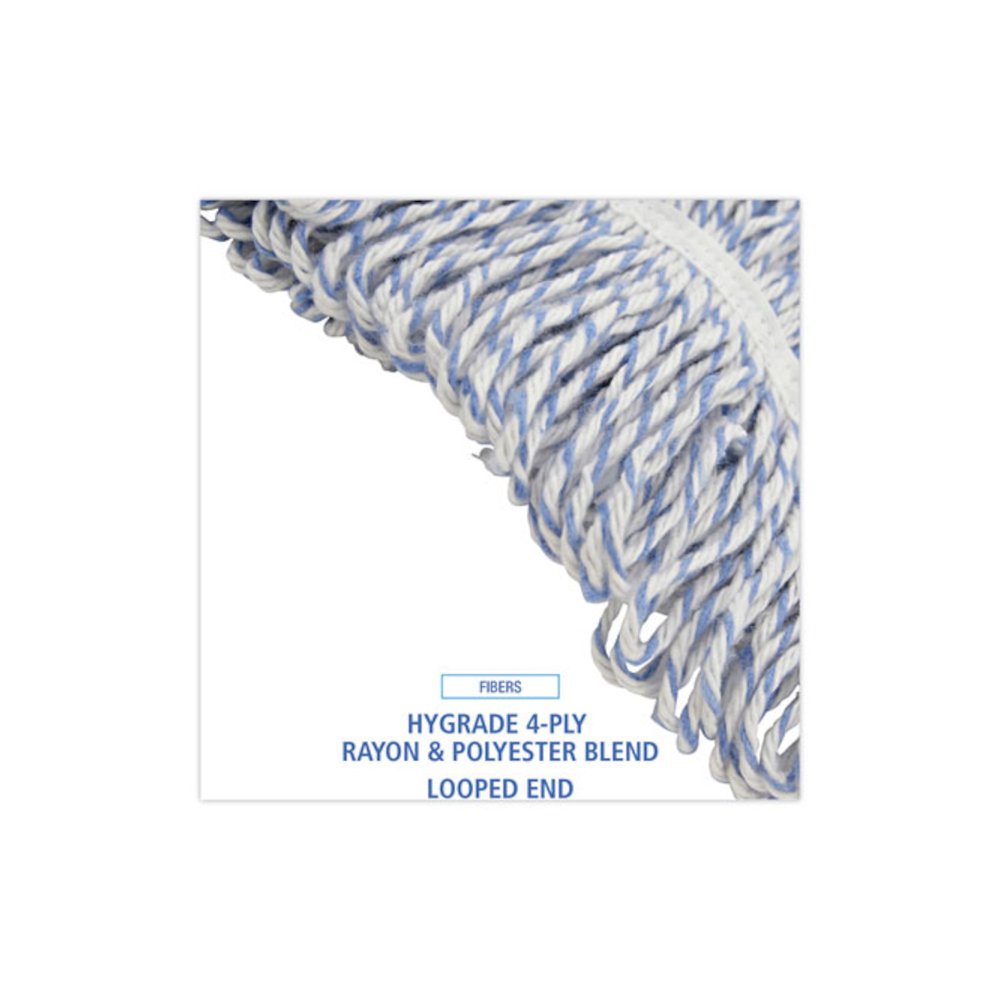 Floor Finish Mop Head, Narrow, Rayon/Polyester, Large, White/Blue Stripes, 12/Carton. Picture 4
