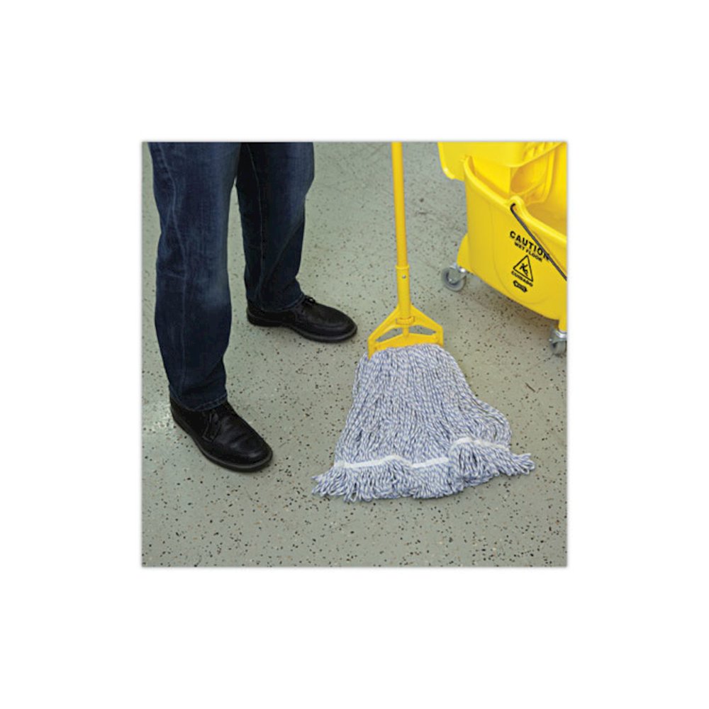 Floor Finish Mop Head, Narrow, Rayon/Polyester, Large, White/Blue Stripes, 12/Carton. Picture 5