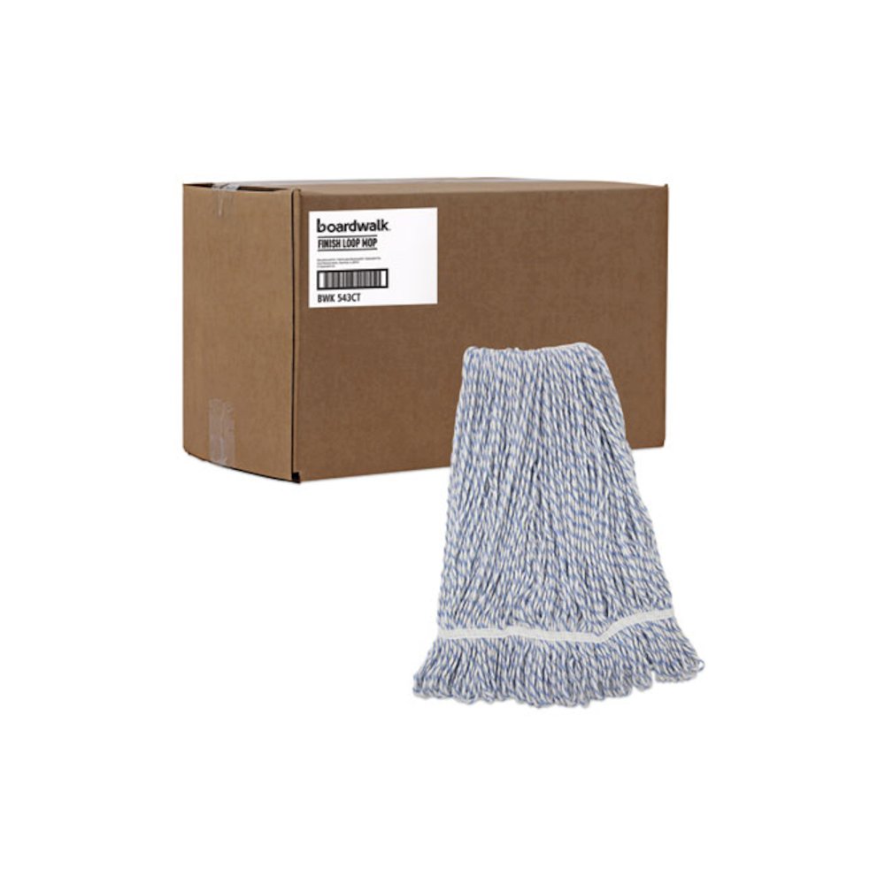 Floor Finish Mop Head, Narrow, Rayon/Polyester, Large, White/Blue Stripes, 12/Carton. Picture 9