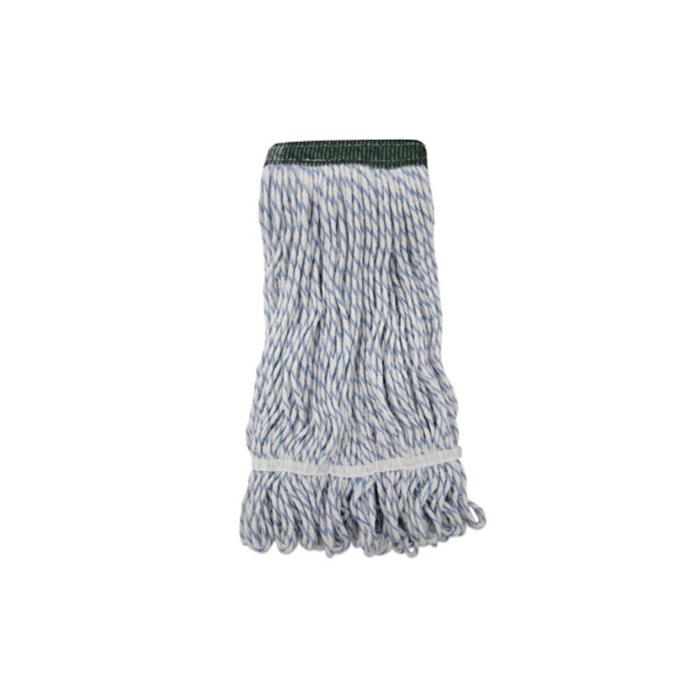 Floor Finish Mop Head, Wide, Rayon/Polyester, Medium, White/Blue Stripes, 12/Carton. Picture 1