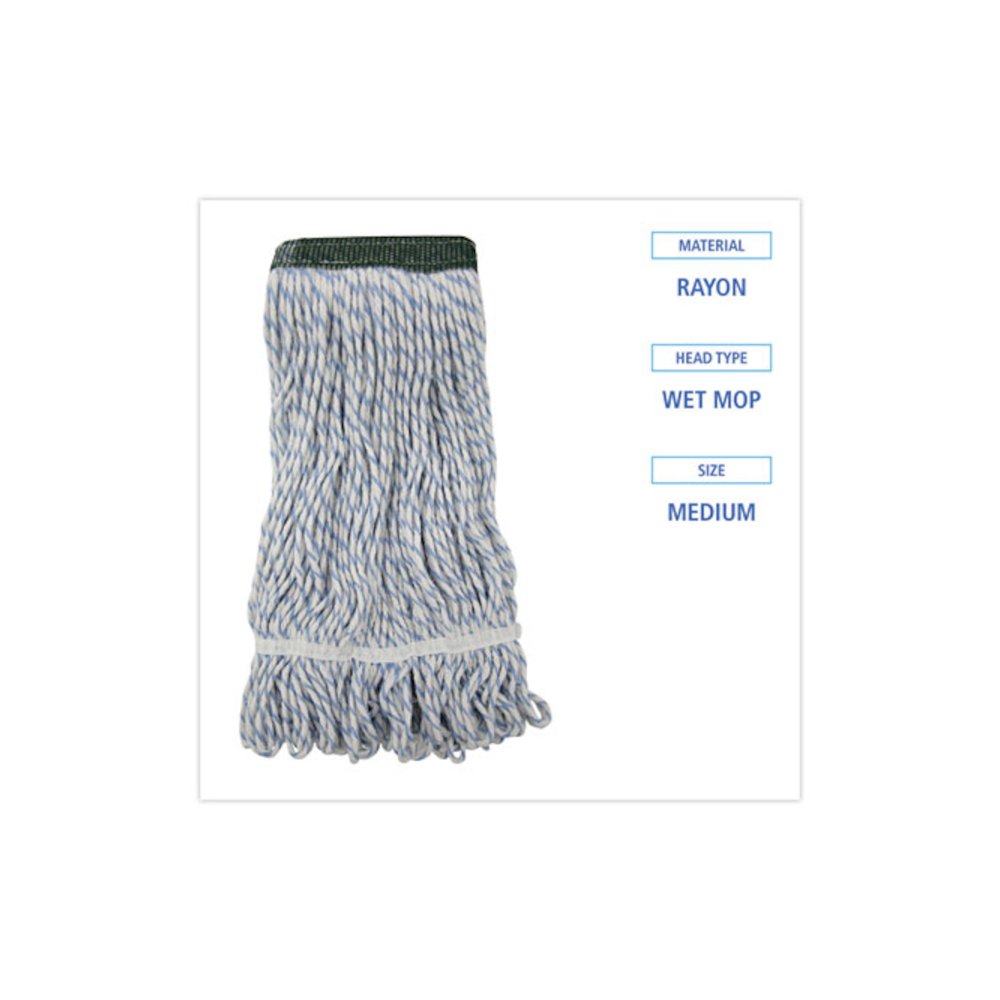 Floor Finish Mop Head, Wide, Rayon/Polyester, Medium, White/Blue Stripes, 12/Carton. Picture 2