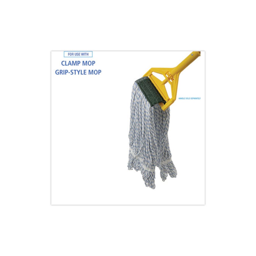 Floor Finish Mop Head, Wide, Rayon/Polyester, Medium, White/Blue Stripes, 12/Carton. Picture 3