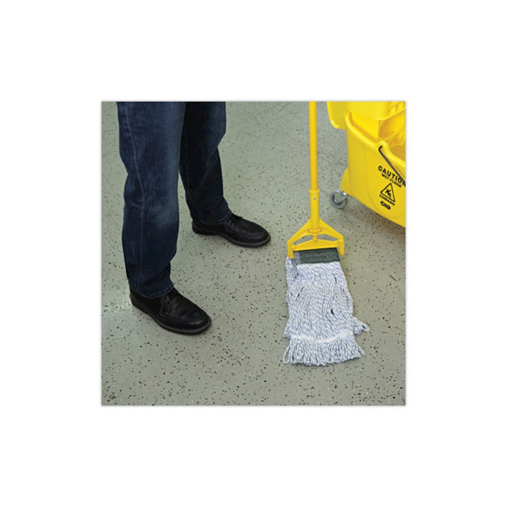 Floor Finish Mop Head, Wide, Rayon/Polyester, Medium, White/Blue Stripes, 12/Carton. Picture 5