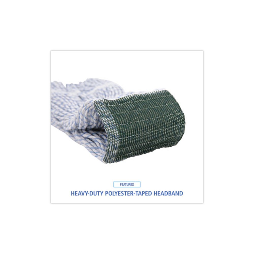 Floor Finish Mop Head, Wide, Rayon/Polyester, Medium, White/Blue Stripes, 12/Carton. Picture 6