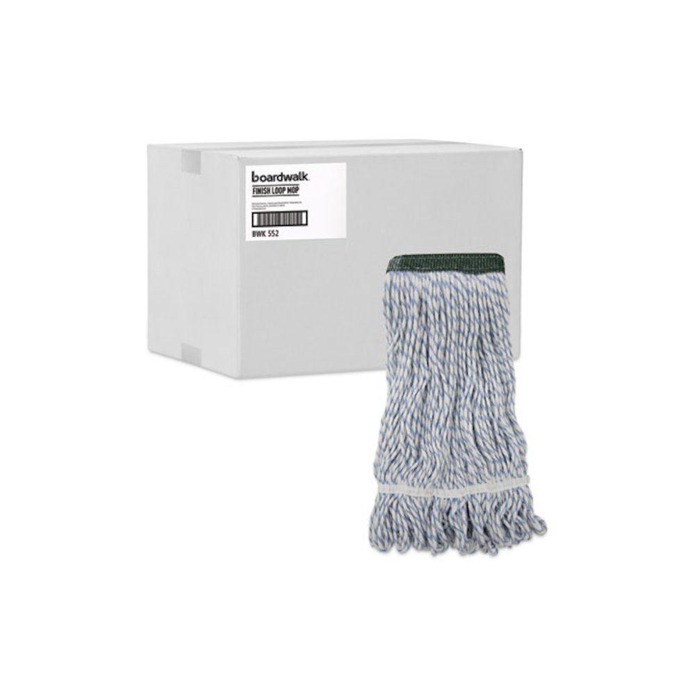 Floor Finish Mop Head, Wide, Rayon/Polyester, Medium, White/Blue Stripes, 12/Carton. Picture 9