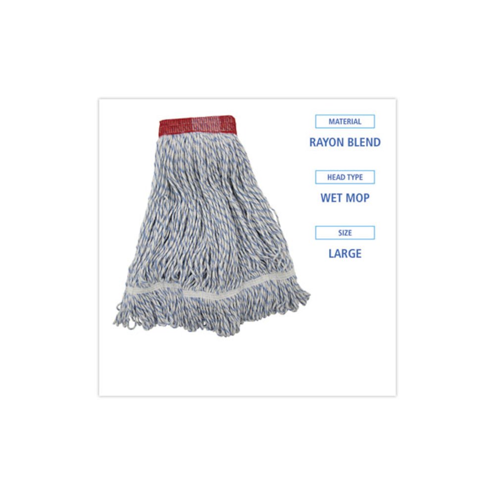 Floor Finish Mop Head, Wide, Rayon/Polyester, Large, White/Blue Stripes, 12/Carton. Picture 2