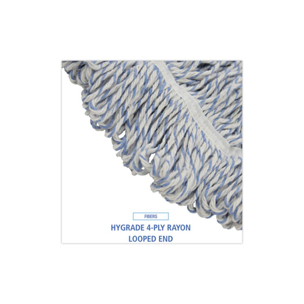 Floor Finish Mop Head, Wide, Rayon/Polyester, Large, White/Blue Stripes, 12/Carton. Picture 4