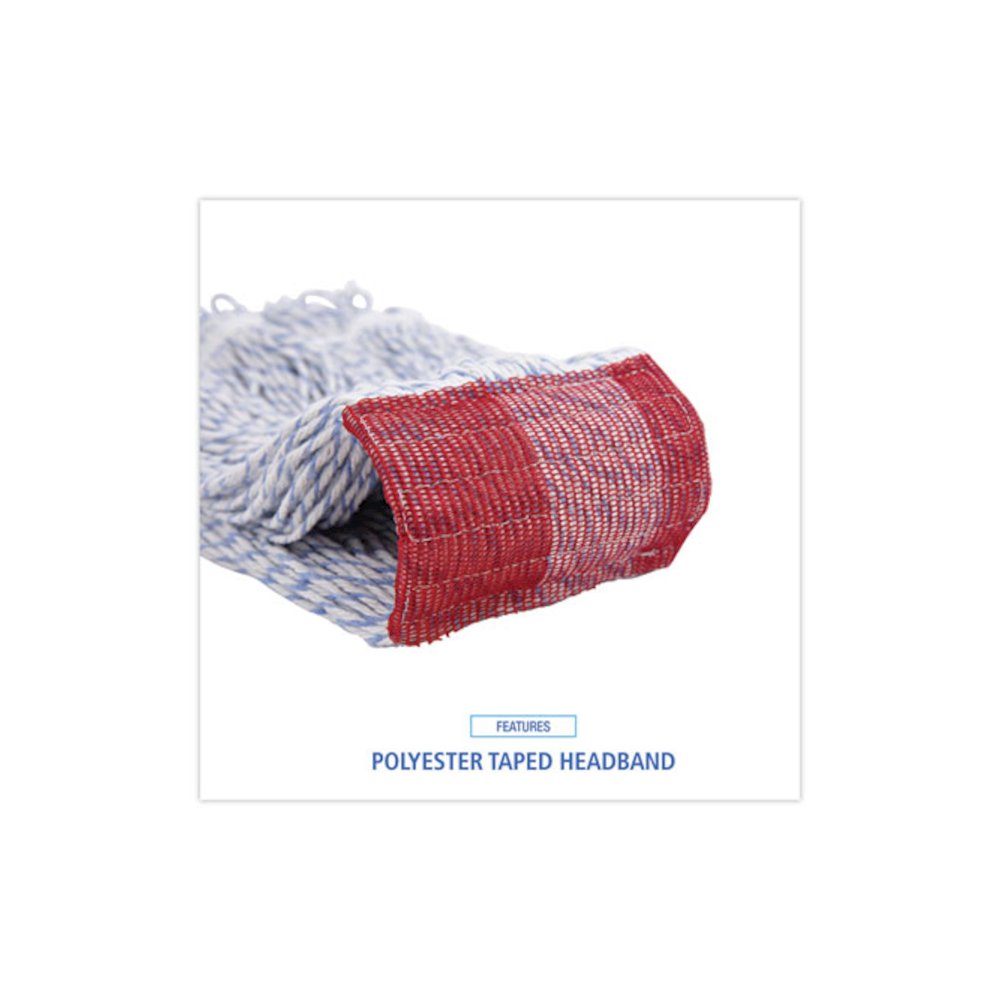 Floor Finish Mop Head, Wide, Rayon/Polyester, Large, White/Blue Stripes, 12/Carton. Picture 6