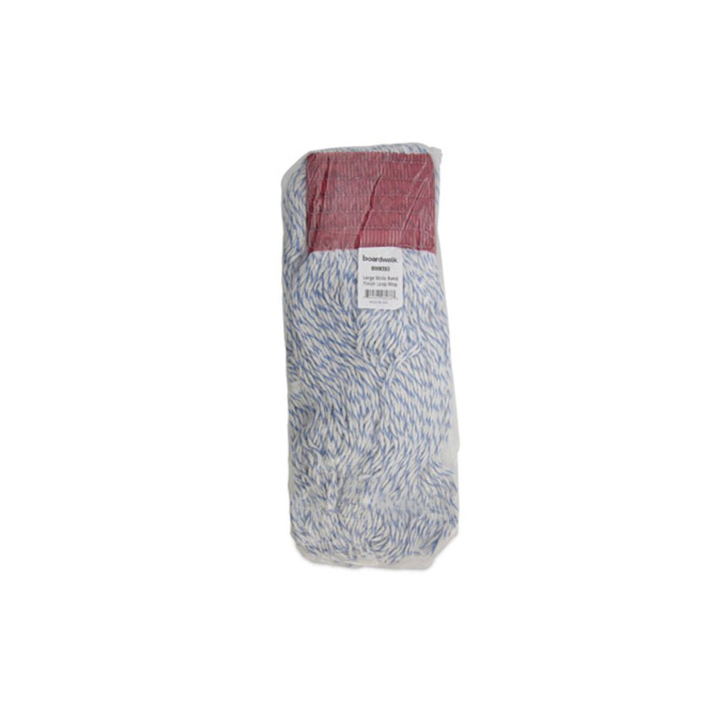 Floor Finish Mop Head, Wide, Rayon/Polyester, Large, White/Blue Stripes, 12/Carton. Picture 7