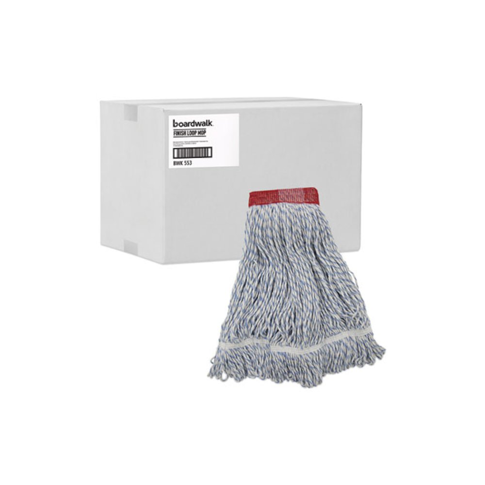 Floor Finish Mop Head, Wide, Rayon/Polyester, Large, White/Blue Stripes, 12/Carton. Picture 9
