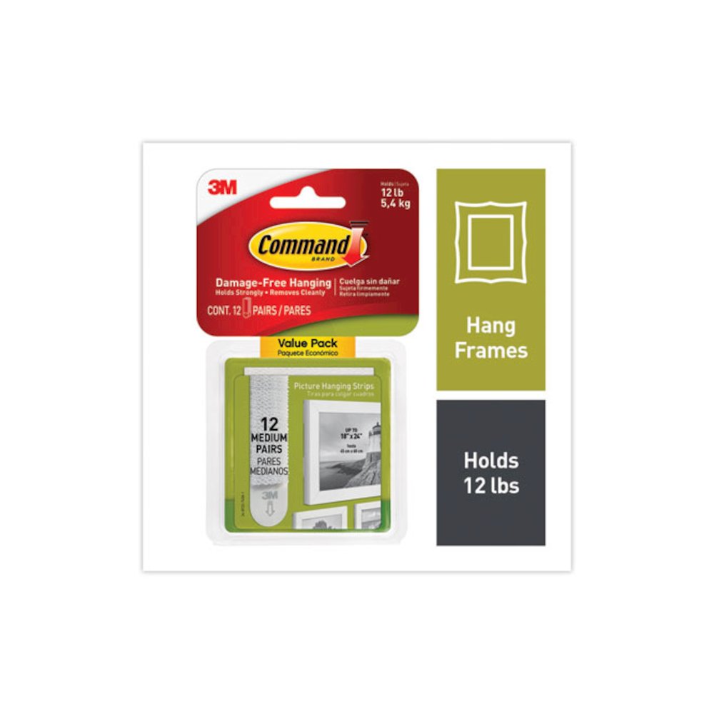 Damage-Free Hanging Picture Hanging Strip Pairs, Holds Up to 2.5 lb, Medium: 0.75" x 2.75", White, 12/Pack. Picture 2