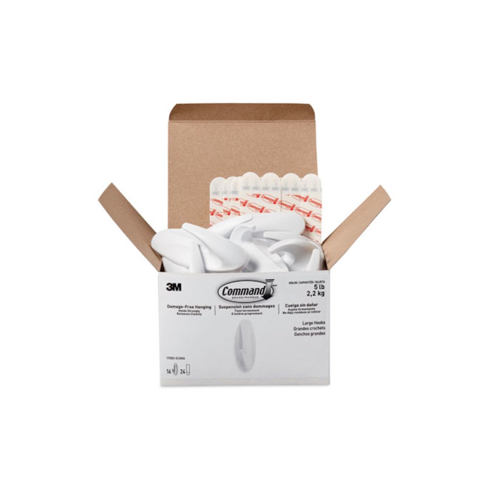 Designer Hooks, Large, Plastic, White, 5 lb Capacity, 16 Hooks and 24 Strips/Pack. Picture 1