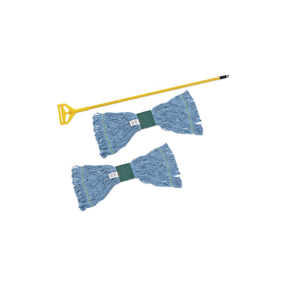 Looped End Mop Kit, Medium Blue Cotton/Rayon/Synthetic Head, 60" Yellow Metal/Polypropylene Handle. Picture 1