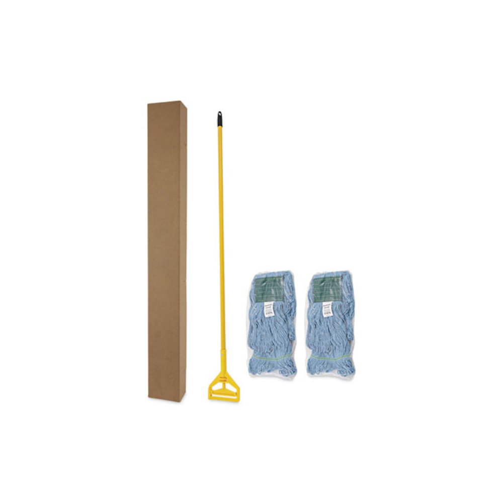Looped End Mop Kit, Medium Blue Cotton/Rayon/Synthetic Head, 60" Yellow Metal/Polypropylene Handle. Picture 3