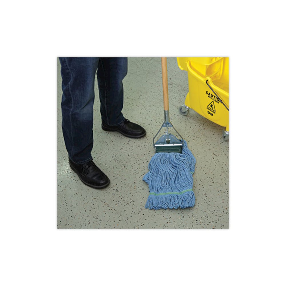 Looped End Mop Kit, Medium Blue Cotton/Rayon/Synthetic Head, 60" Yellow Metal/Polypropylene Handle. Picture 5