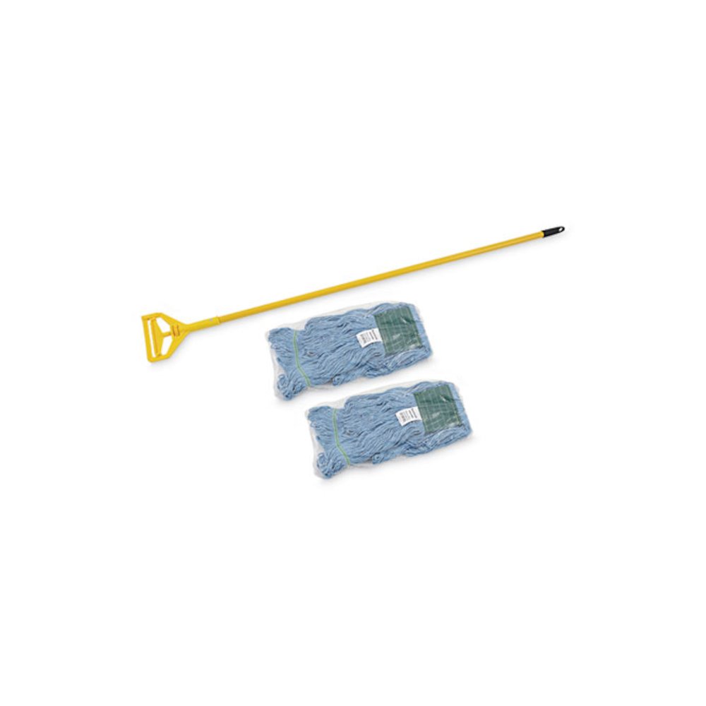 Looped End Mop Kit, Medium Blue Cotton/Rayon/Synthetic Head, 60" Yellow Metal/Polypropylene Handle. Picture 6