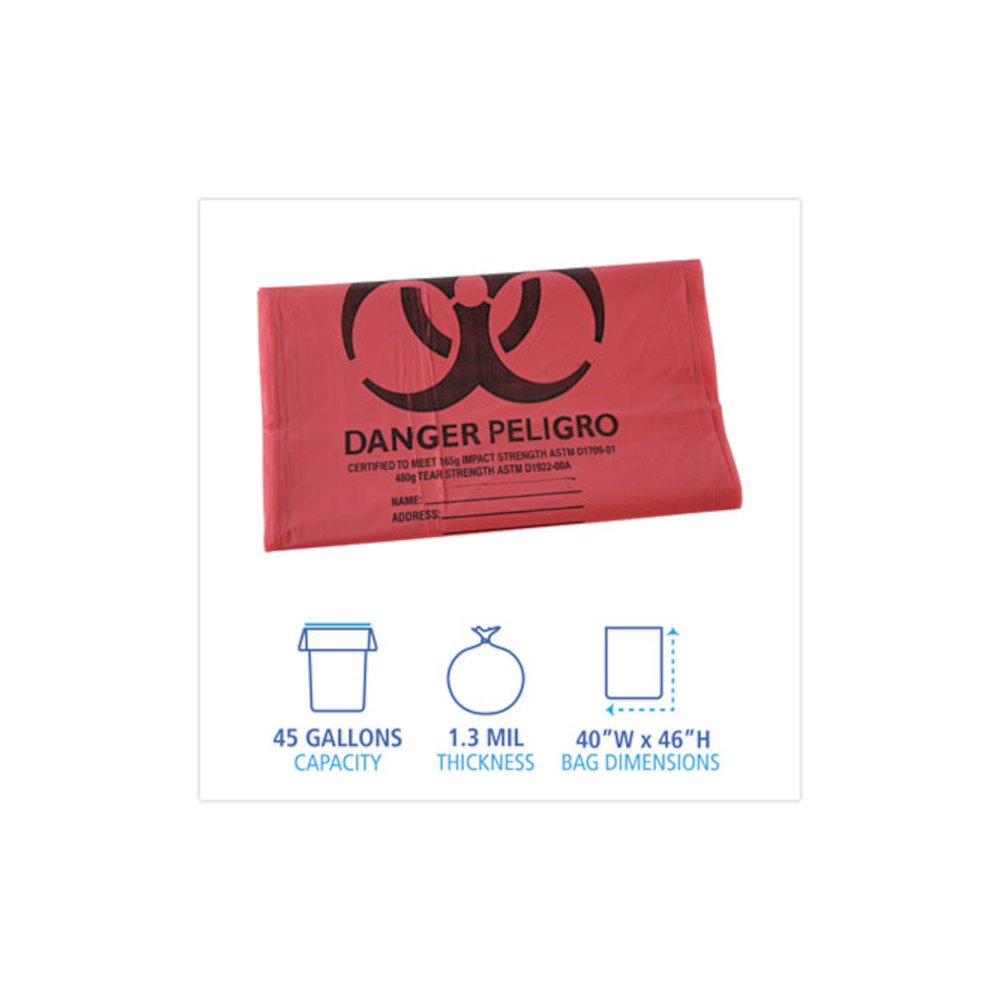 Linear Low Density Health Care Trash Can Liners, 45 gal, 1.3 mil, 40" x 46", Red, Flat Pack, 100/Carton. Picture 2