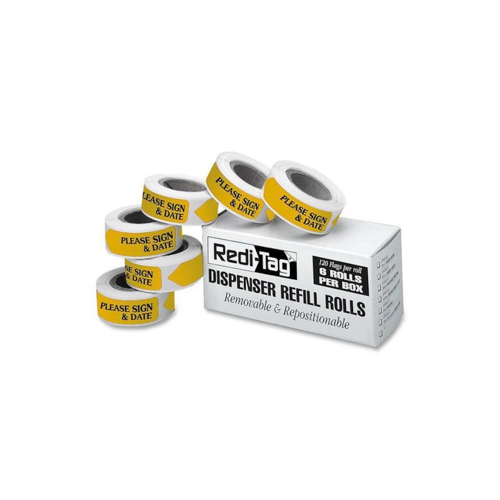 Redi-Tag Sign/Date Tags Refills - 720 x Yellow - 1 7/8" x 9/16" - Arrow - "Please Sign & Date" - Yellow - Removable, Self-adhesive - 6 / Box. Picture 1