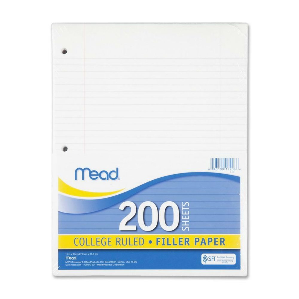 Mead Notebook Filler Paper - Letter - 200 Sheets - Spiral - 0.31" Ruled - Ruled Red Margin - 16 lb Basis Weight - Letter - 8 1/2" x 11" - White Paper - 200 / Pack. Picture 1