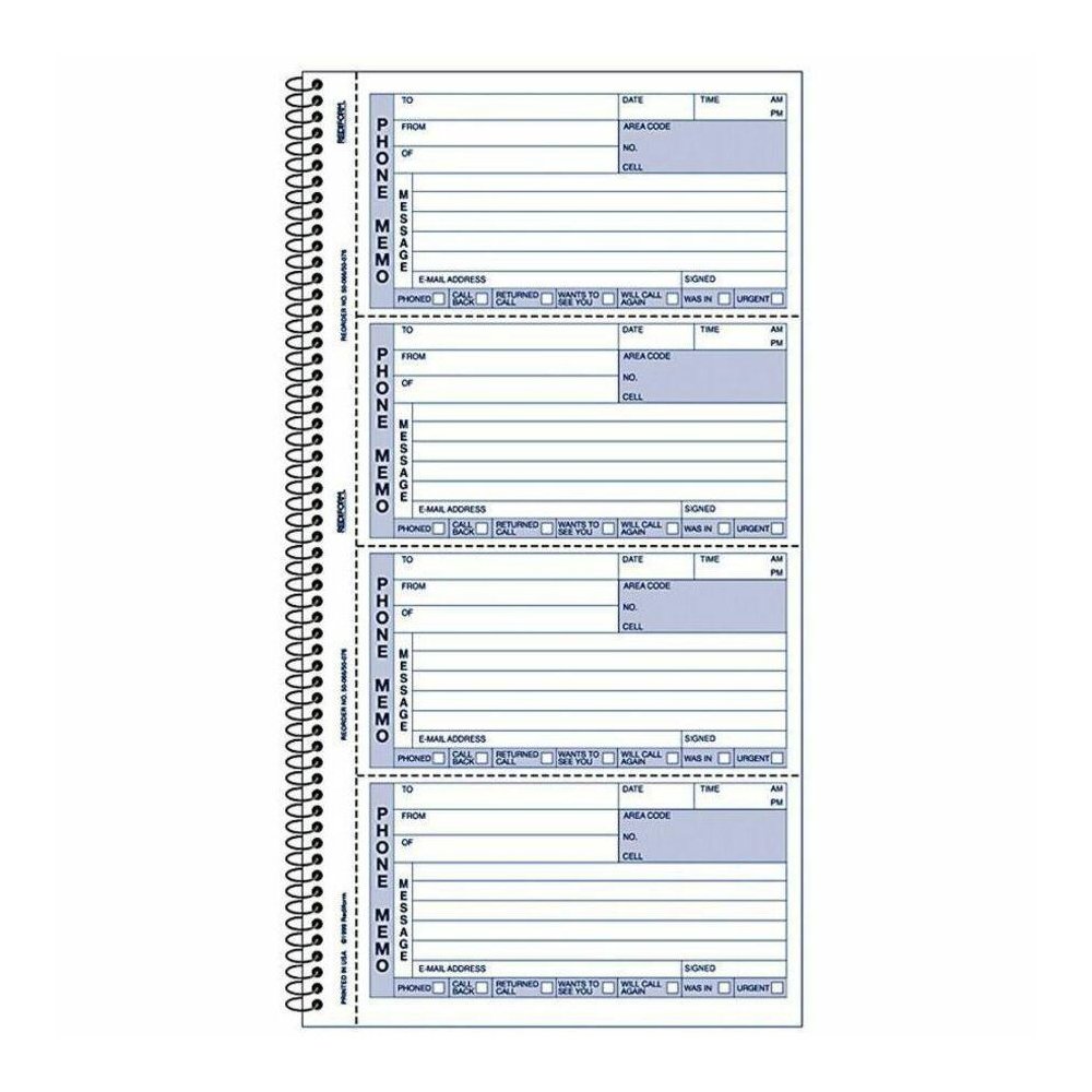 Rediform Memo Style Phone Message Book - 400 Sheet(s) - Spiral Bound - 2 PartCarbonless Copy - 5.75" x 11" Sheet Size - White, Canary - Blue Print Color - 1 Each. Picture 1
