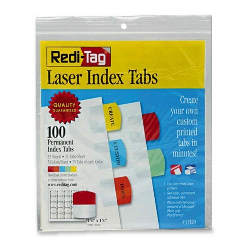 Redi-Tag Laser Printable Index Tabs - 100 Blank Tab(s) - 1.25" Tab Height x 1.12" Tab Width - Self-adhesive, Permanent - Red, Blue, Mint, Orange, Yellow Tab(s) - 100 / Pack. Picture 1