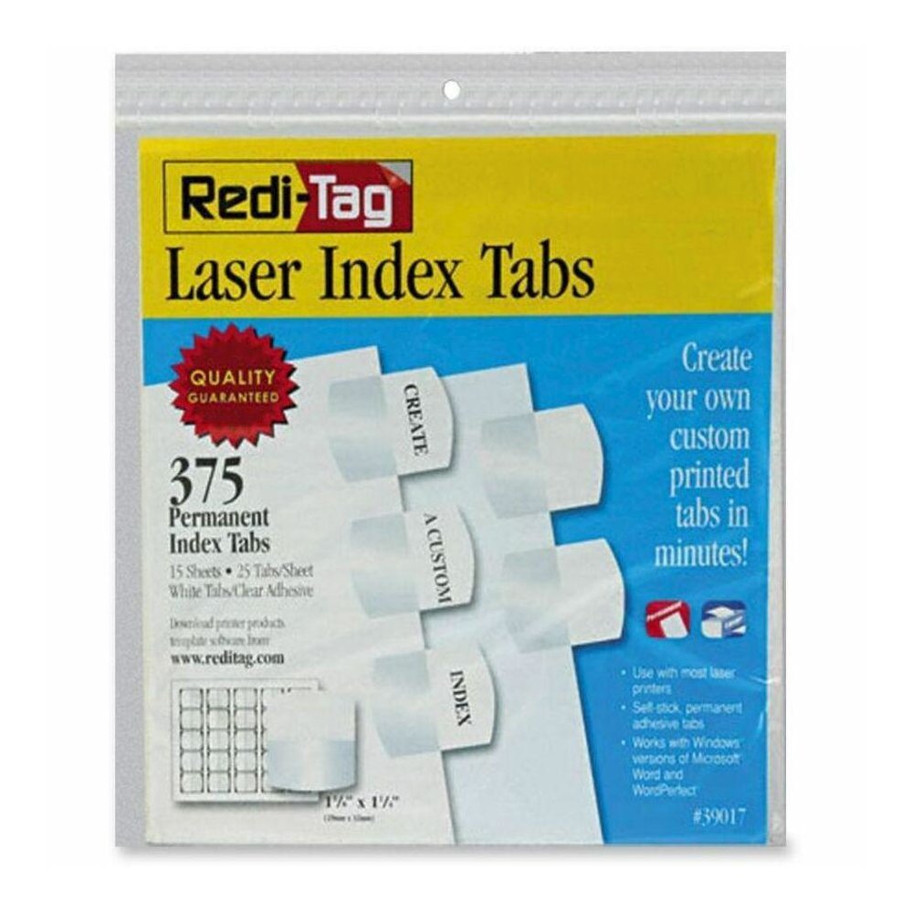 Redi-Tag Laser Printable Index Tabs - 375 Blank Tab(s) - 1.25" Tab Height x 1.12" Tab Width - Self-adhesive, Permanent - White Tab(s) - Non-toxic - 375 / Pack. Picture 1