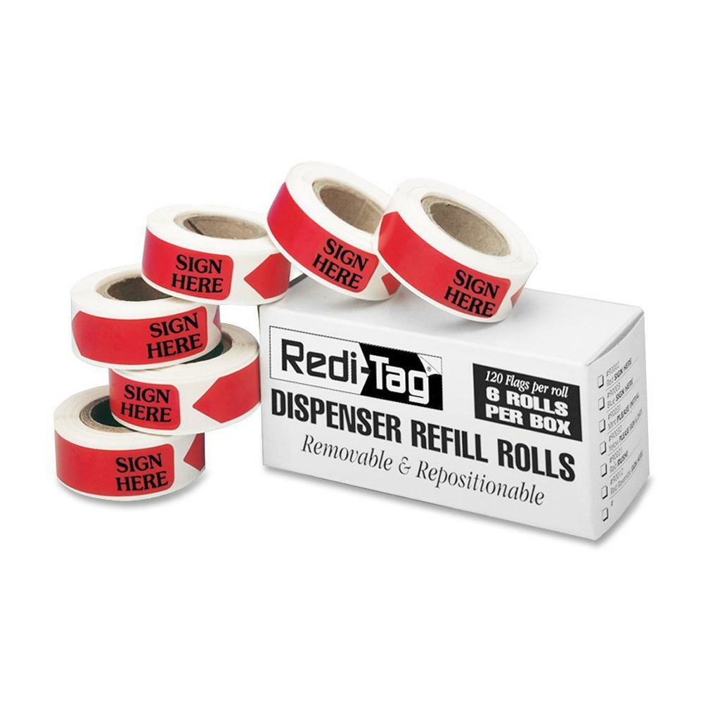 Redi-Tag Sign Here Arrow Flags Dispenser Refills - 720 x Red - 1 7/8" x 9/16" - Arrow - "SIGN HERE" - Red - Removable, Self-adhesive - 720 / Box. Picture 1