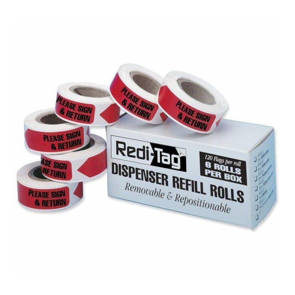 Redi-Tag Sign/Return Refill Flags - 120 x Red - 1 7/8" x 9/16" - Arrow - "Sign & Return" - Red - Removable, Self-adhesive - 6 / Box. Picture 1