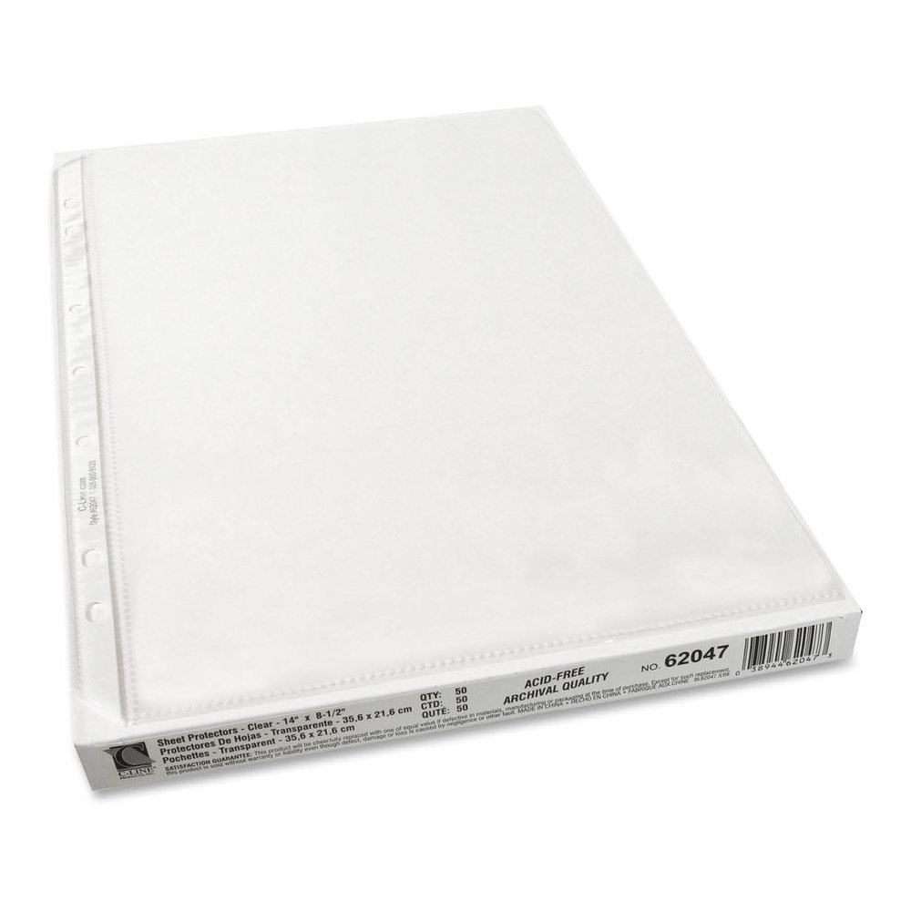 C-Line Heavyweight Poly Sheet Protectors - Legal Size, 7-Hole Punched for 3-Ring or 4-Ring Binders, Clear, Top Loading, 14 x 8-1/2, 50/BX, 62047. Picture 1