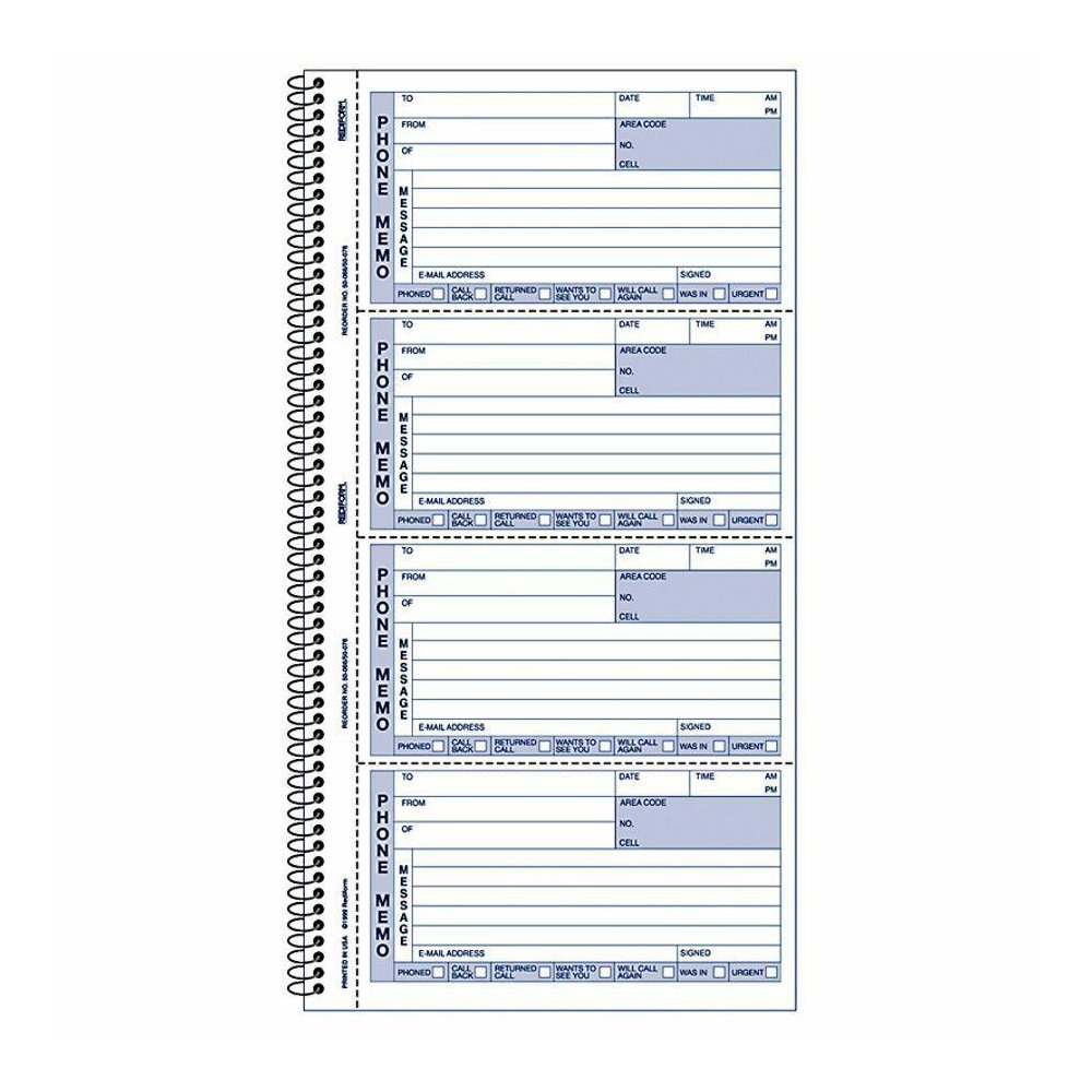 Rediform Memo Style Phone Message Book - 400 Sheet(s) - Spiral Bound - 2 PartCarbonless Copy - 5.75" x 11" Sheet Size - White, Canary - Blue Print Color - 1 Each. Picture 2