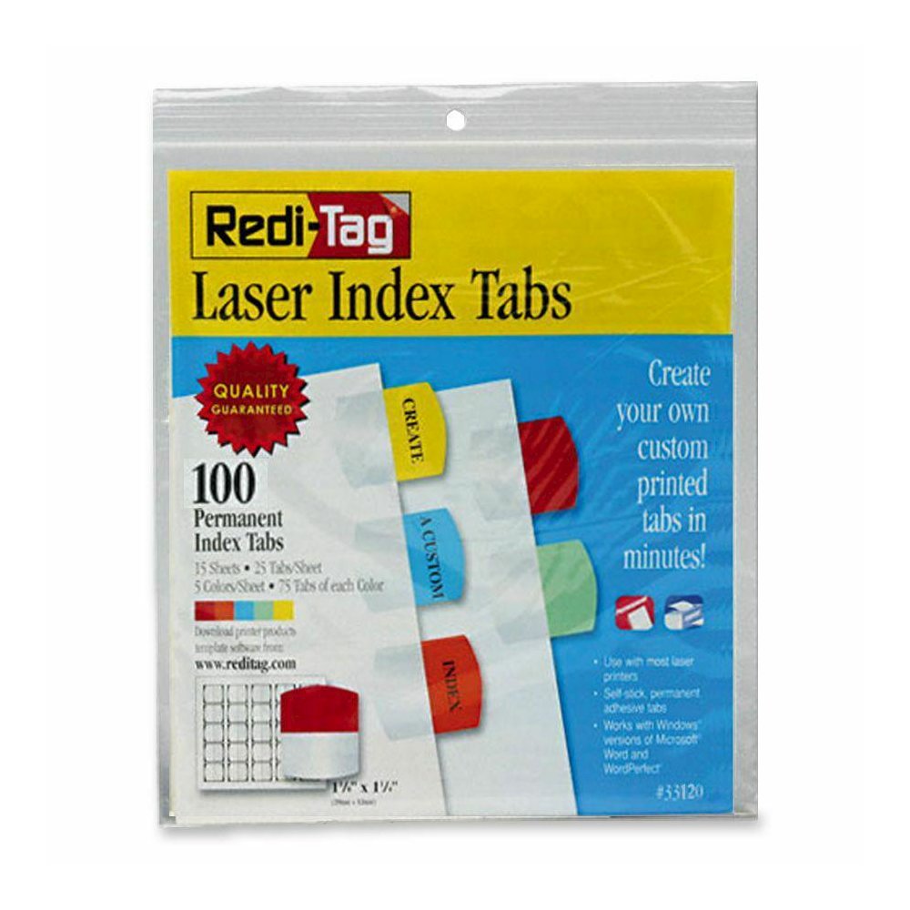 Redi-Tag Laser Printable Index Tabs - 100 Blank Tab(s) - 1.25" Tab Height x 1.12" Tab Width - Self-adhesive, Permanent - Red, Blue, Mint, Orange, Yellow Tab(s) - 100 / Pack. Picture 3