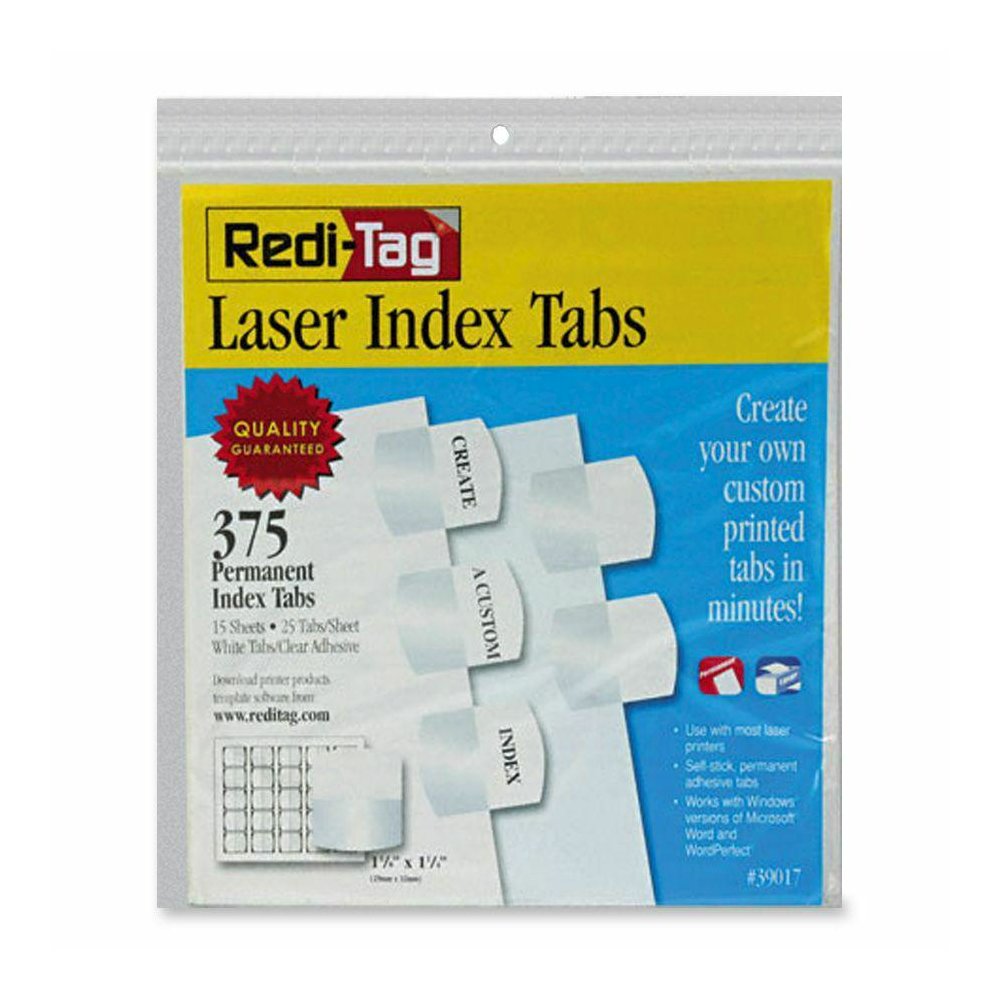 Redi-Tag Laser Printable Index Tabs - 375 Blank Tab(s) - 1.25" Tab Height x 1.12" Tab Width - Self-adhesive, Permanent - White Tab(s) - Non-toxic - 375 / Pack. Picture 3