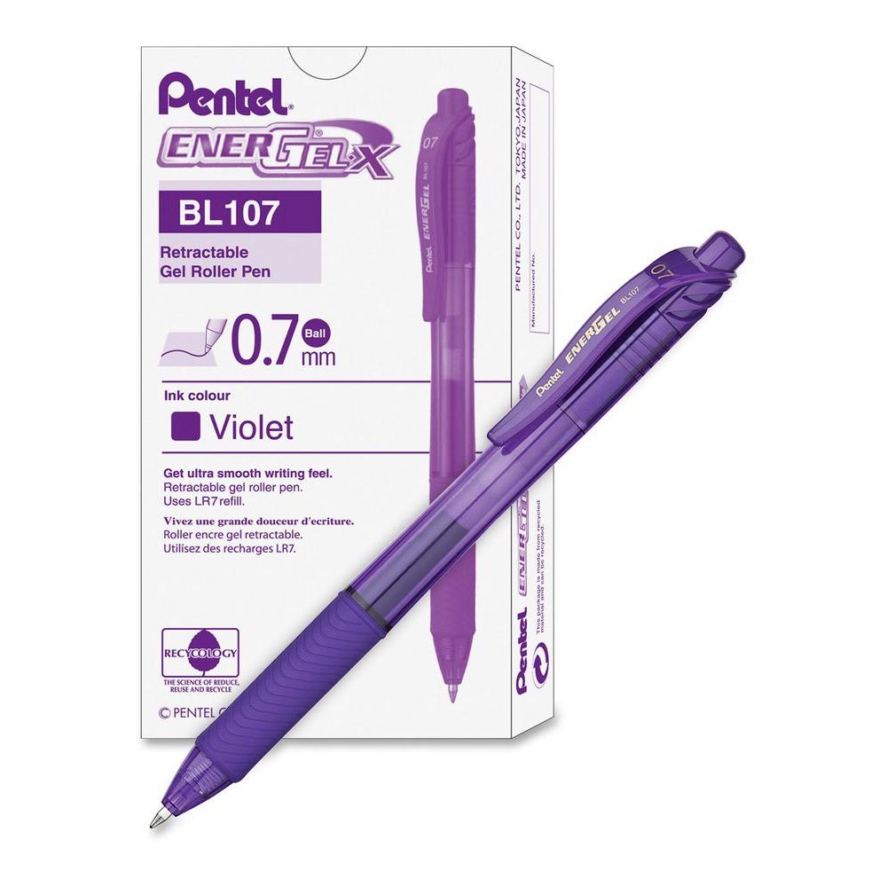 EnerGel EnerGel-X Retractable Gel Pens - Medium Pen Point - 0.7 mm Pen Point Size - Refillable - Retractable - Violet Gel-based Ink - Violet Barrel - Metal Tip - 1 / Dozen. Picture 5