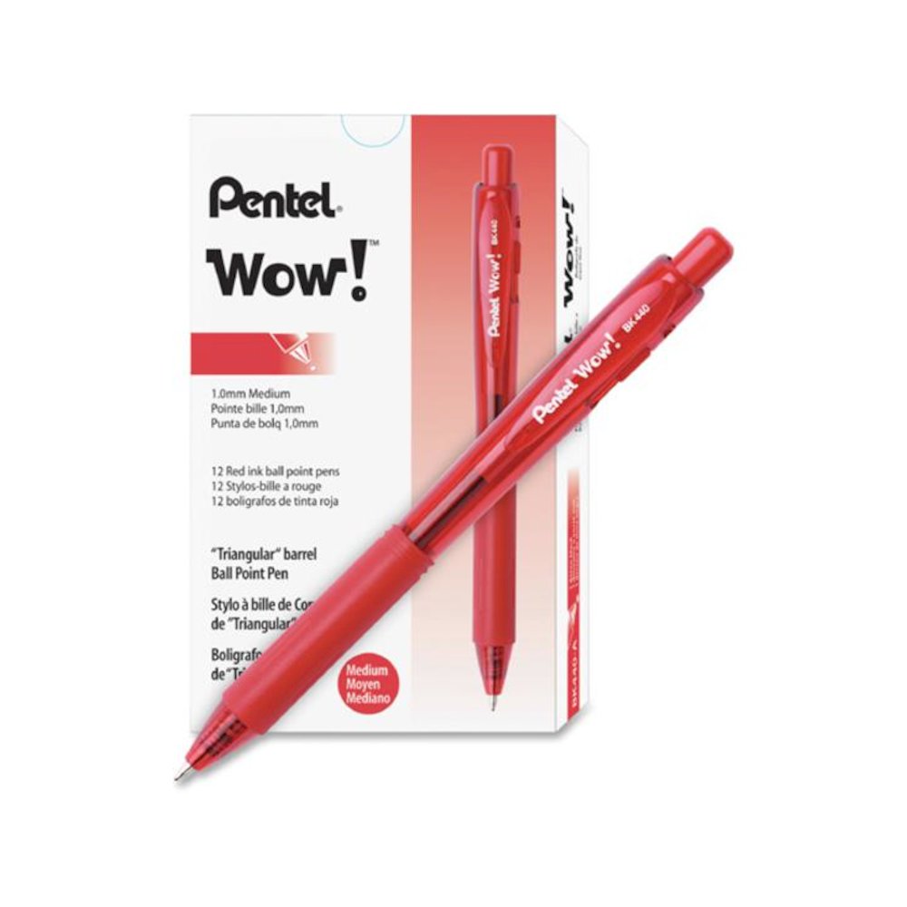 Pentel WOW! Retractable Ballpoint Pens - Medium Pen Point - 1 mm Pen Point Size - Retractable - Red - Red Barrel - 1 Dozen. Picture 3