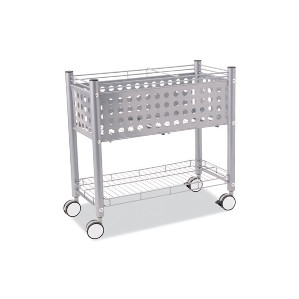File Cart with Open Top, Metal, 1 Shelf, 2 Bins, 28.25" x 13.75" x 27.38", Matte Gray. Picture 3