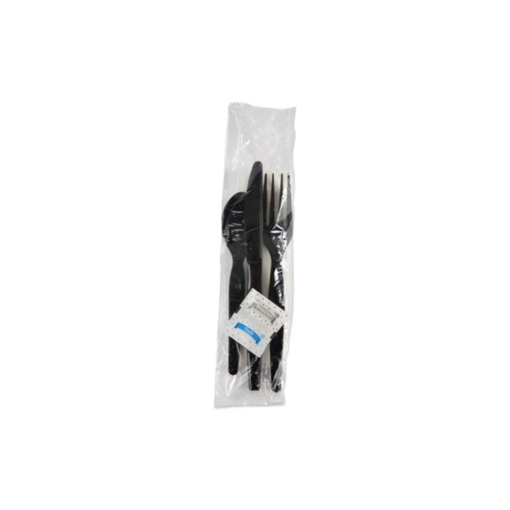 Six-Piece Cutlery Kit, Heavyweight, Fork/Knife/Napkin/Pepper/Salt/Spoon, Plastic, Black, 250/Carton. Picture 2