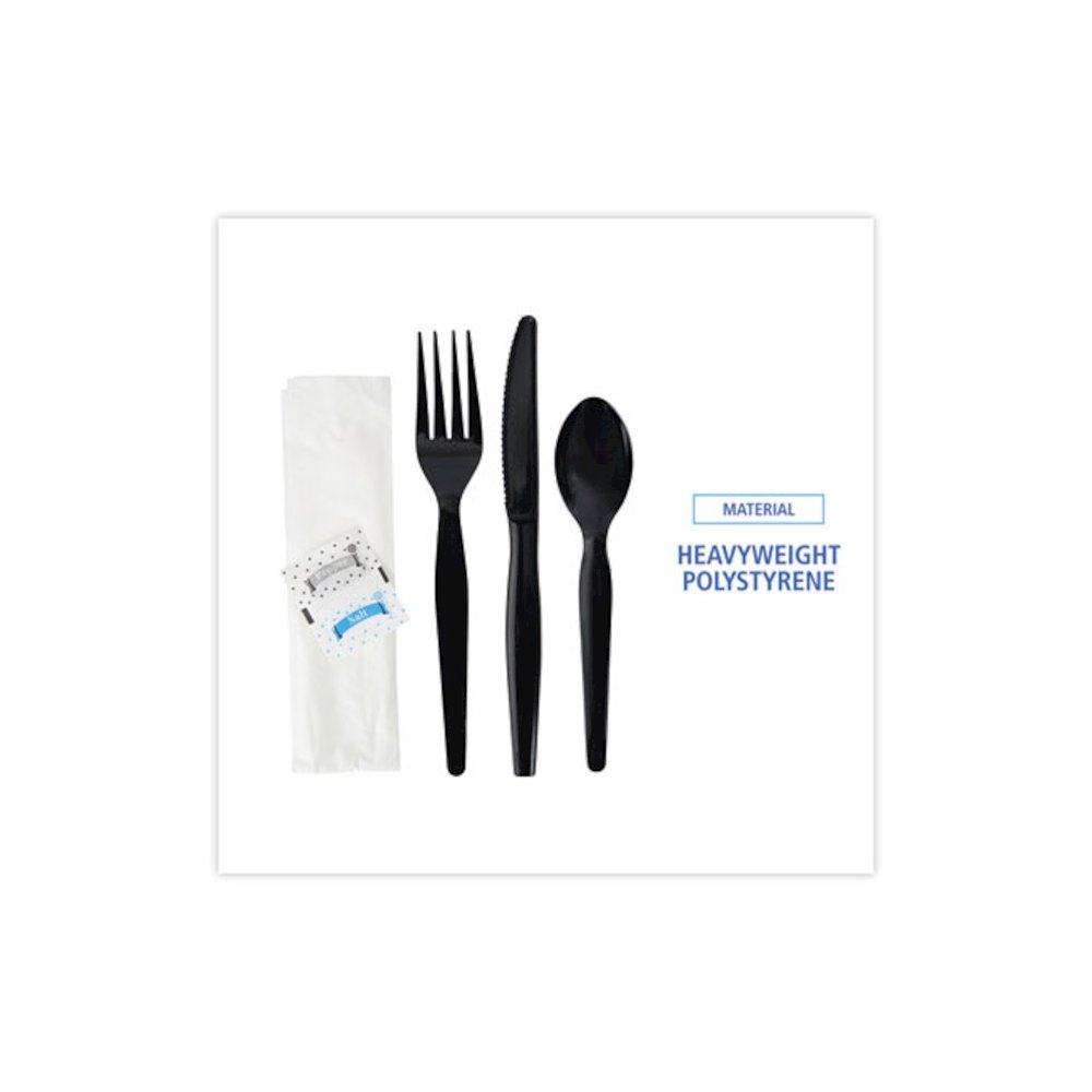 Six-Piece Cutlery Kit, Heavyweight, Fork/Knife/Napkin/Pepper/Salt/Spoon, Plastic, Black, 250/Carton. Picture 3