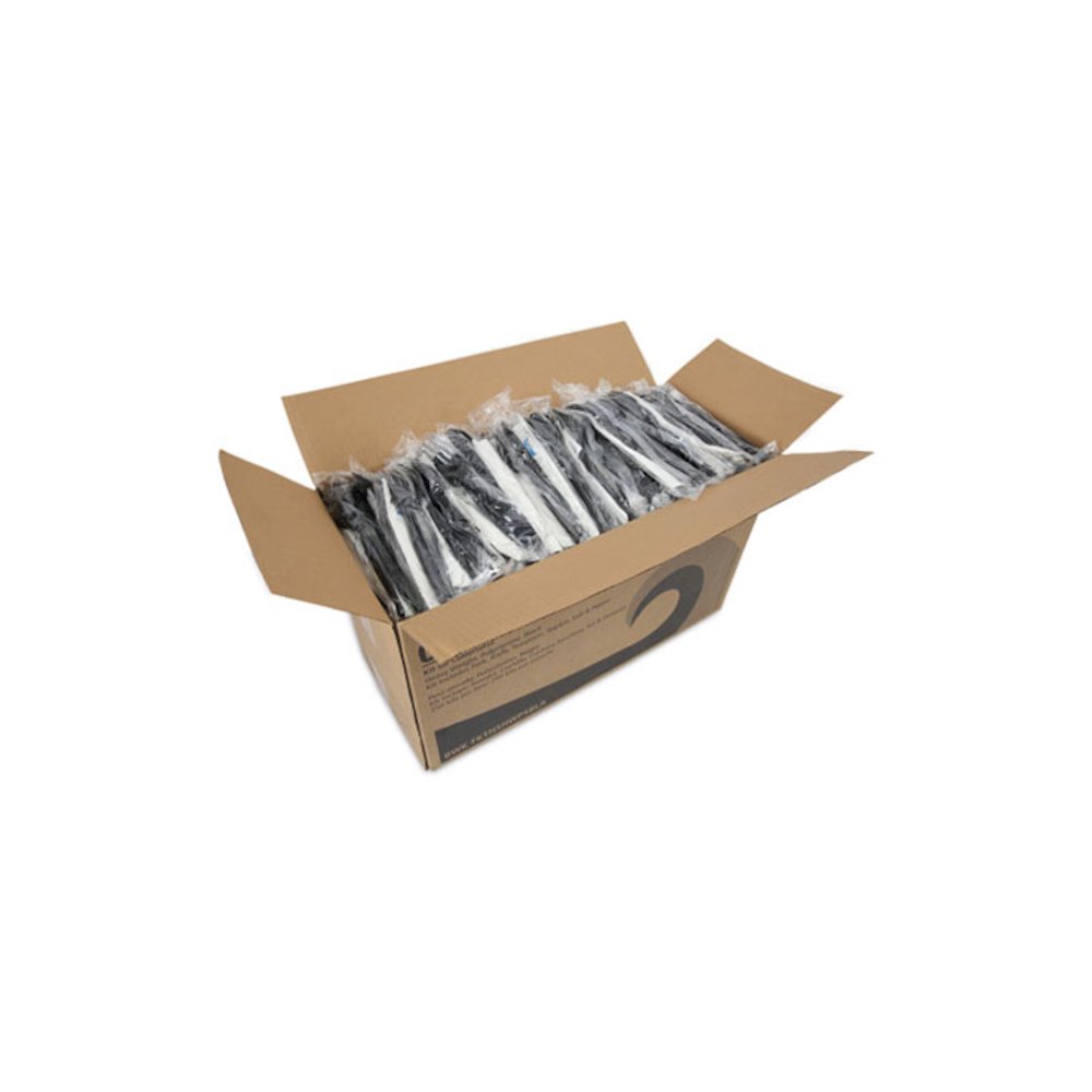 Six-Piece Cutlery Kit, Heavyweight, Fork/Knife/Napkin/Pepper/Salt/Spoon, Plastic, Black, 250/Carton. Picture 4