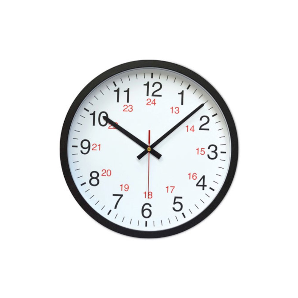 24-Hour Round Wall Clock, 12.63" Overall Diameter, Black Case, 1 AA (sold separately). Picture 1
